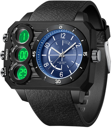 Findtime Big Face Watch for Men Square Large Face Cool Mens Watches with Three Time Zone Countdown Alarm LED Stopwatch Unique Cool Wristwatch